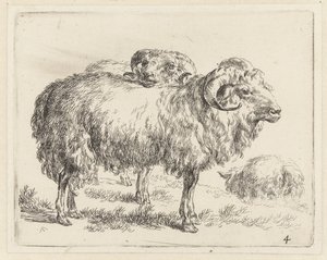 Twee rammen en een schaap Schapen (título de la serie) Animales dibujados a la vida e impresos con agua para un aire fuerte por Studio and Art of Nicolai Berchem (título de la serie)