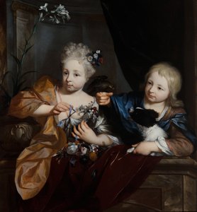 Un niño y una niña en un entorno arquitectónico de Nicolaes Verkolje