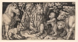 León coronado de Quimeras combatientes y escenas de las fábulas de Esopo de Nicolaes de Bruyn