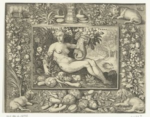 Elemento tierra como mujer desnuda con cuerno de la abundancia Terra (título sobre el objeto) Los cuatro elementos (título de la serie)