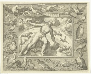 Elemento de aire de joven sobre nubes entre pájaros voladores Aer (título sobre el objeto) Los cuatro elementos (título de la serie) de Nicolaes de Bruyn