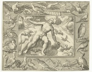 Elemento de aire de joven sobre nubes entre pájaros voladores Aer (título sobre el objeto) Los cuatro elementos (título de la serie)