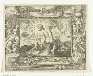 Elemento de fuego de joven con relámpagos. Ignis (título sobre objeto) Los cuatro elementos (título de la serie) de Nicolaes de Bruyn