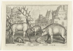 Ciervo, erizo, oveja, rana y cerdo Animalivm qvadrvpedvm (título de la serie) Animales en paisajes (título de la serie) de Nicolaes de Bruyn