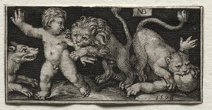 Leones atacando a niños de Nicolaes de Bruyn