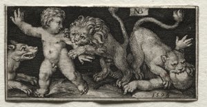 Leones atacando a niños, 1594 de Nicolaes de Bruyn