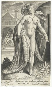 Lucrecia conoció a dolk tegen haar borst Entre las etnias, estas tres llevan la palma de la nobleza, Lucretia (título sobre objeto) de Nicolaes de Bruyn