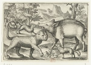Leopardo, jabalí y dos perros Animalivm qvadrvpedvm (título de la serie) Animales en paisajes (título de la serie) de Nicolaes de Bruyn