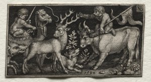Monos montando un camello y un toro de Nicolaes de Bruyn