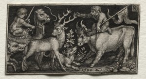 Monos montando un camello y un toro, 1594 de Nicolaes de Bruyn