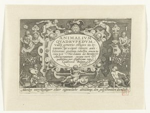 Impresión de título con título en cartucho rodeado de monos trabajando como orfebre Animalivm qvadrvpedvm (título sobre el objeto) Animales en paisajes (título de la serie) de Nicolaes de Bruyn