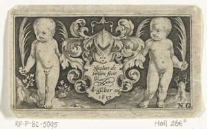 Impresión de título con dos niños con hoja de palma junto al escudo de armas Frisones con niños, ángeles y animales (título de la serie) de Nicolaes de Bruyn
