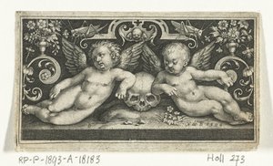 Dos niños peleando, montados en sementales, flanqueados por niños que tocan trompetas. Frisones con niños, ángeles y animales (título de la serie) de Nicolaes de Bruyn