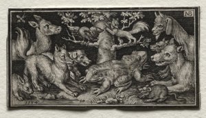 Rana de dos cabezas rodeada de animales de Nicolaes de Bruyn