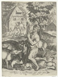 Hijo pródigo como Swineherd Pasceret vt siliquis ventrem fills pascere porcos (título sobre objeto) Cuento del hijo pródigo (título de la serie) de Nicolaes de Bruyn