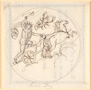 Apolo conduciendo su carro solar hacia arriba; arriba el signo zodiacal de Cáncer; enmarcado en círculo; representa el día más corto de Nicolai Abildgaard