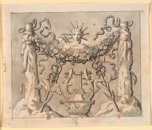 Composición decorativa con las columnas de Hércules, la cabeza de Apolo y varios atributos de Nicolai Abildgaard