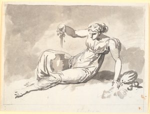 Otoño, una mujer sentada exprimiendo uvas de Nicolai Abildgaard
