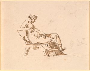 Una mujer embarazada, sentada de perfil a la derecha, en una silla de forma antigua de Nicolai Abildgaard