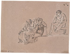 Un grupo compuesto por un anciano y dos mujeres sentadas, que se vuelven hacia un hombre sentado más arriba de Nicolai Abildgaard
