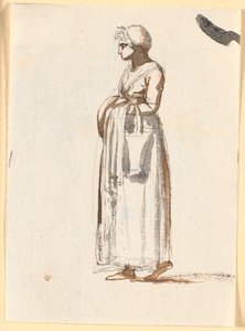 Una mujer caminando hacia la izquierda con una cesta sobre el brazo de Nicolai Abildgaard