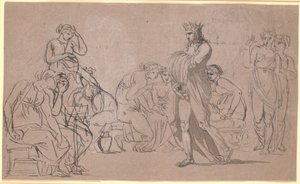 Una figura masculina coronada muestra sus genitales en medio de una multitud de mujeres sentadas y de pie de Nicolai Abildgaard