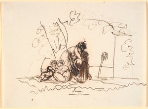 Una mujer sentada junto a una fuente con tres niños pequeños de Nicolai Abildgaard
