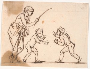 Una mujer con un bastón, que levanta hacia dos niños pequeños que están a punto de pelear de Nicolai Abildgaard