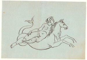 Una mujer desnuda recostada sobre un caballito de mar de Nicolai Abildgaard