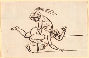 Una figura desnuda sentada, azotando a una mujer desnuda