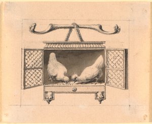 Un par de gallinas en una jaula picoteando maíz de Nicolai Abildgaard