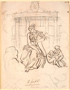 La diosa de la fertilidad, sentada frente al Templo de Jano con un par de niños jugando de Nicolai Abildgaard