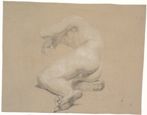 Modelo medio acostado sobre una almohada. Hacia la izquierda. Cabeza apoyada en el brazo derecho, sostenida sobre un pedestal. Brazo izquierdo sobre la cabeza. Piernas dobladas en la rodilla. Pierna izquierda sobre la derecha de Nicolai Abildgaard