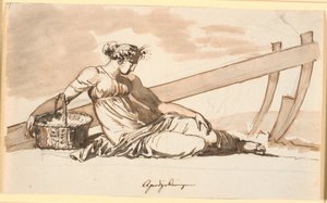 Mujer descansando frente a un arado. Alegoría de la agricultura