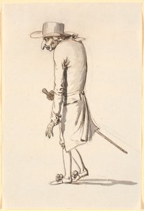 Caricatura de un hombre encorvado, caminando hacia la izquierda, con un bastón en la mano derecha