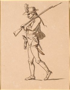 Caricatura de un Soldado en Perfil a la Izquierda. Su Brazo Izquierdo está Vendado, pero Lleva un Fusil.
