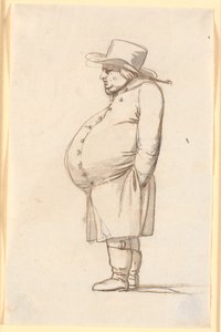 Caricatura de un hombre barrigón, de pie en perfil hacia la izquierda