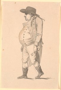 Caricatura de hombre barrigón, caminando hacia la izquierda, con una gran llave en la mano izquierda