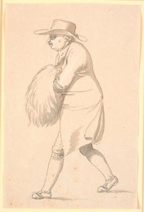 Caricatura, posiblemente del profesor Münter, caminando hacia la izquierda, con las manos en un manguito de Nicolai Abildgaard