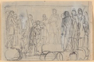 Boceto de composición; un rey, rodeado de guerreros en un ting, entrega una espada de caballero a un hombre de Nicolai Abildgaard