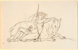 Figura femenina con flechas y carcaj, sentada apoyada contra un animal fantástico (posiblemente un oso hormiguero). Alegoría de América