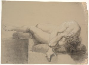 Modelo acostada. Hacia la izquierda. Cabeza y torso descansando sobre una almohada, piernas levantadas y la pierna izquierda descansando sobre otra almohada de Nicolai Abildgaard