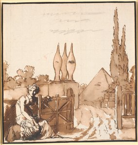 El objetivo de la carrera de la vida. Dibujo alegórico. Una mujer abre la puerta al cementerio con metate y pirámide de Nicolai Abildgaard