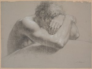 Torso de modelo sentado. Brazos cruzados. Cabeza medio oculta por la mano izquierda