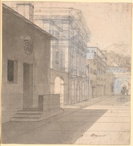 Estudio perspectivo para la arquitectura en la imagen de la partera que deja la casa de Androspigen de Nicolai Abildgaard