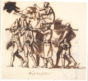 El triunfo de la justicia. Seis hombres llevan una camilla, sobre la cual la figura femenina de la justicia se sienta con la balanza de Nicolai Abildgaard