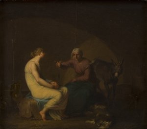 El ama de llaves de la banda de ladrones consuela a la joven contando el mito de Amor y Psique. Motivo de Apuleyo: El asno de oro de Nicolai Abildgaard