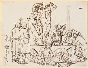 Sátira sobre la policía y la lotería que tenían su sede en Charlottenborg junto con la Academia de Arte. Se ven personas de la lotería y vigilantes junto con las tres gracias