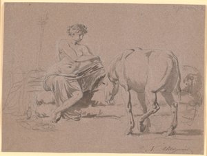 Escena de "El asno de oro" de Apuleyo, libro 10. La joven se desnuda, a la derecha está el asno de Nicolai Abildgaard
