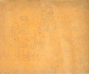 Mujer sentada con dos niños y retrato de perfil en composición circular